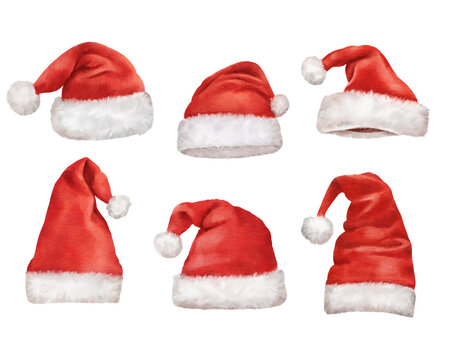 Watercolor santa claus red hats on white background. Watercolour Christmas season illustration