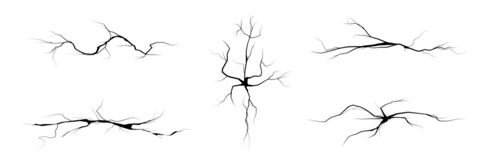 Horizontal crack in the ground, surface break, hole in concrete isolated on transparent background. Vector set of realistic cracks in the earth from cataclysms. View from above. Vector collection