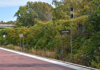 Springfield, Virginia, USA - October 25, 2021: Station Platform at the Franconia-Springfield Metro Station with Foliage in the Background