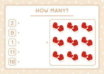 How many winter mittens, game for children. Vector illustration, printable worksheet