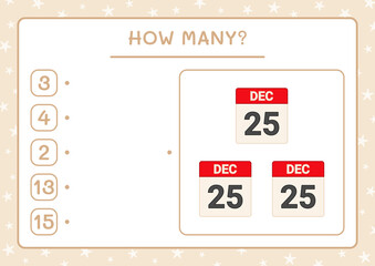 How many christmas calendar, game for children. Vector illustration, printable worksheet