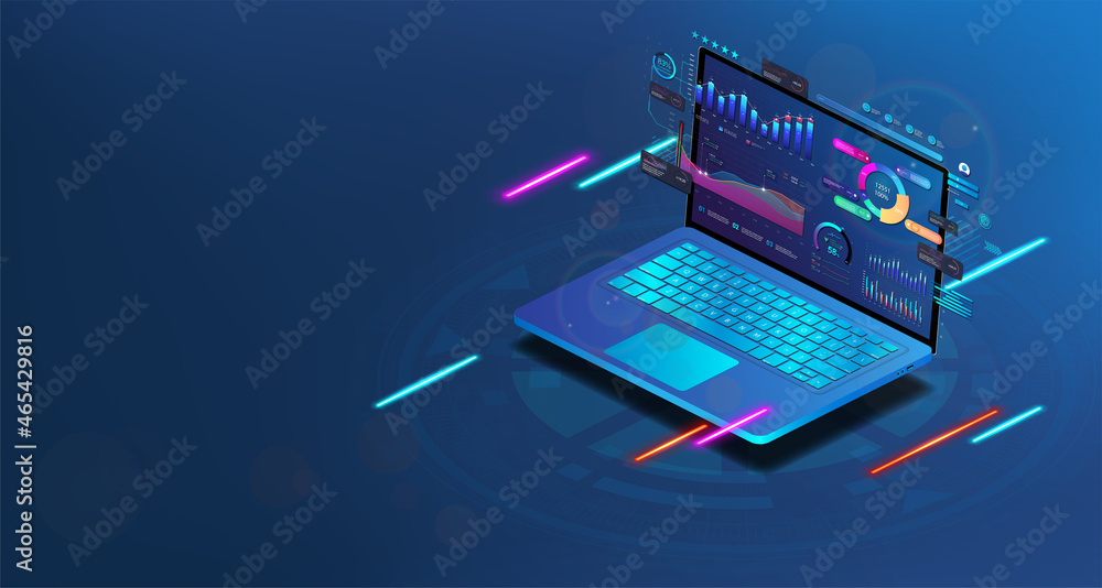 Poster modern 3d laptop with financial analytics and business infographics and business dashboard elements 