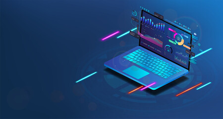 Modern 3D laptop with financial analytics and business infographics and business dashboard elements on the screen. Investments, trade, data analytic and infographics. Business online concept. Vector - obrazy, fototapety, plakaty