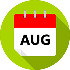 white and red calendar page with August month abbreviation AUG written in black and a green circle background whith shadows clipart vector editable changeable image