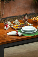 Christmas table and happy new year. A table is full of food.