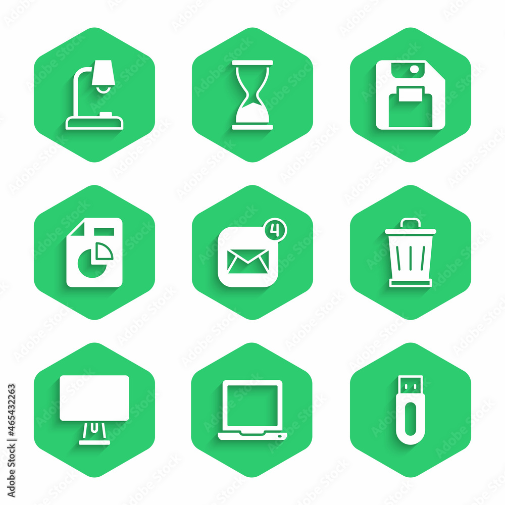Poster set envelope, laptop, usb flash drive, trash can, computer monitor, document with graph chart, flopp