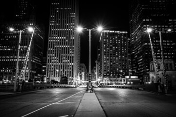 wide symmetrical city shot of downtown chicago in black and white