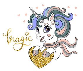 Cute cartoon unicorn vector illustration with golden