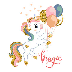 Fototapeta premium Cartoon unicorn with balloons vector illustration golden