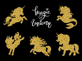 Set of golden silhouettes of unicorns in motion