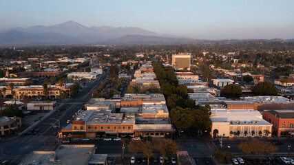 Sunset aerial view of historic downtown Redlands, California, USA.