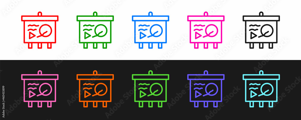 Poster set line scenario on chalkboard icon isolated on black and white background. script reading concept 