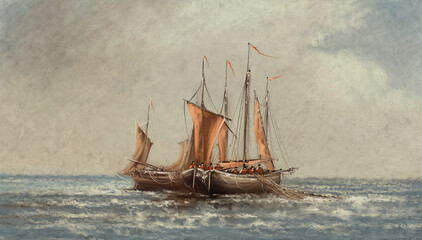 Digital oil paintings landscape, sailing ship in the sea. Fine art