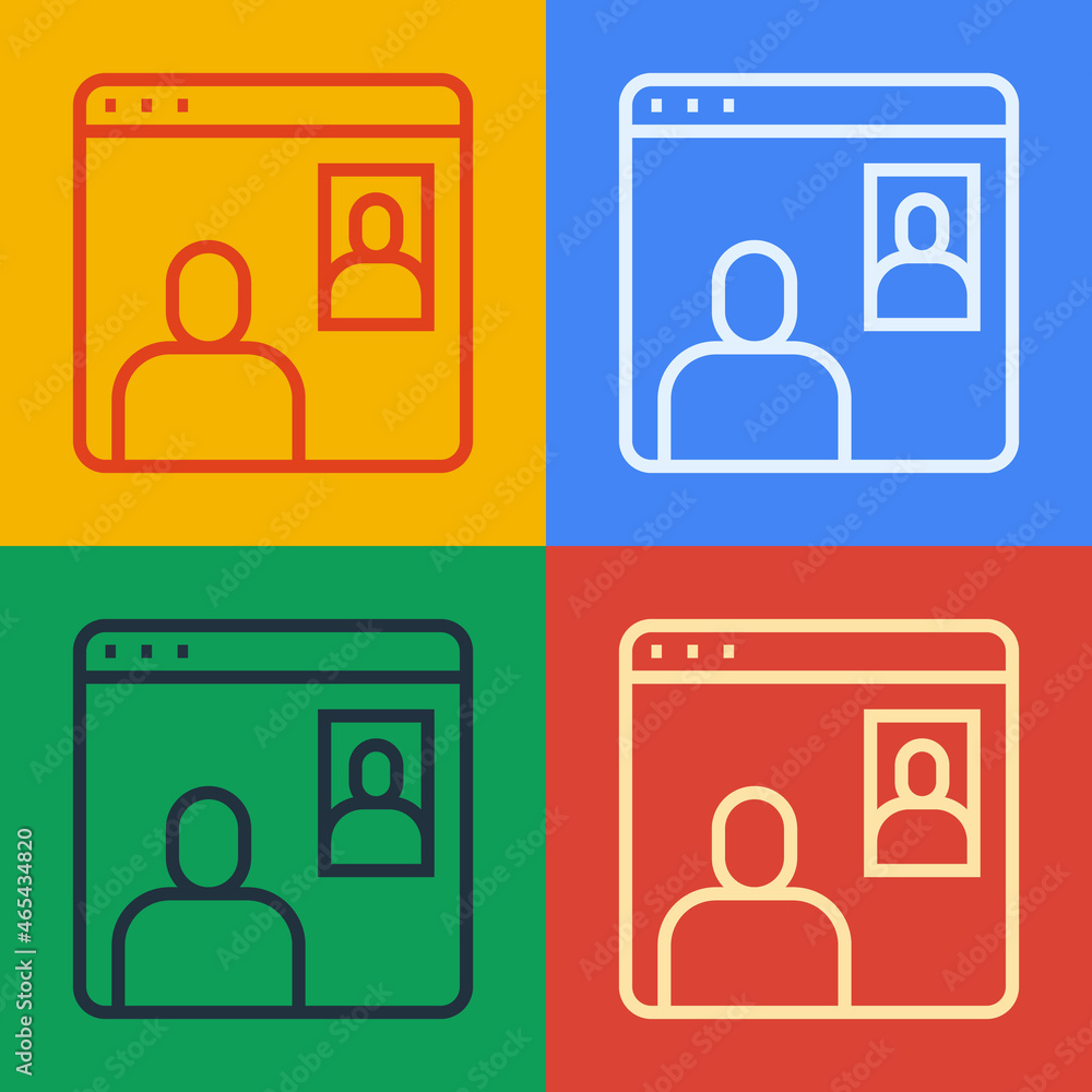 Poster pop art line video chat conference icon isolated on color background. computer with video chat inter