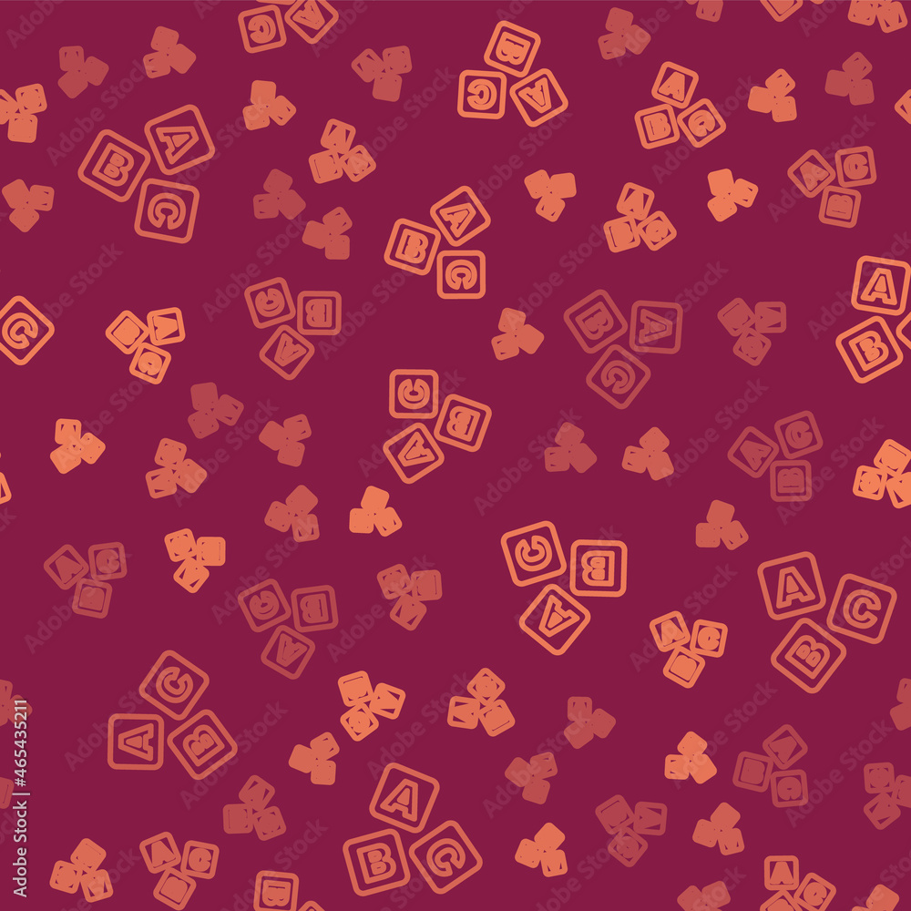 Poster brown line abc blocks icon isolated seamless pattern on red background. alphabet cubes with letters 