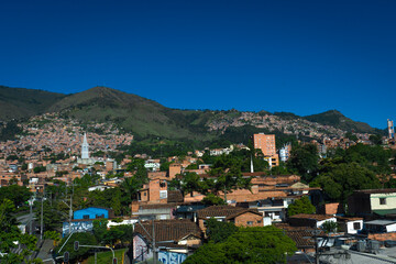 Medellin, Antioquia- Colombia. July 17, 2021. Commune No. 3 Manrique is one of the 16 communes of the city of Medell&iacute;n, capital of the Department of Antioquia. It is located in the northeast part