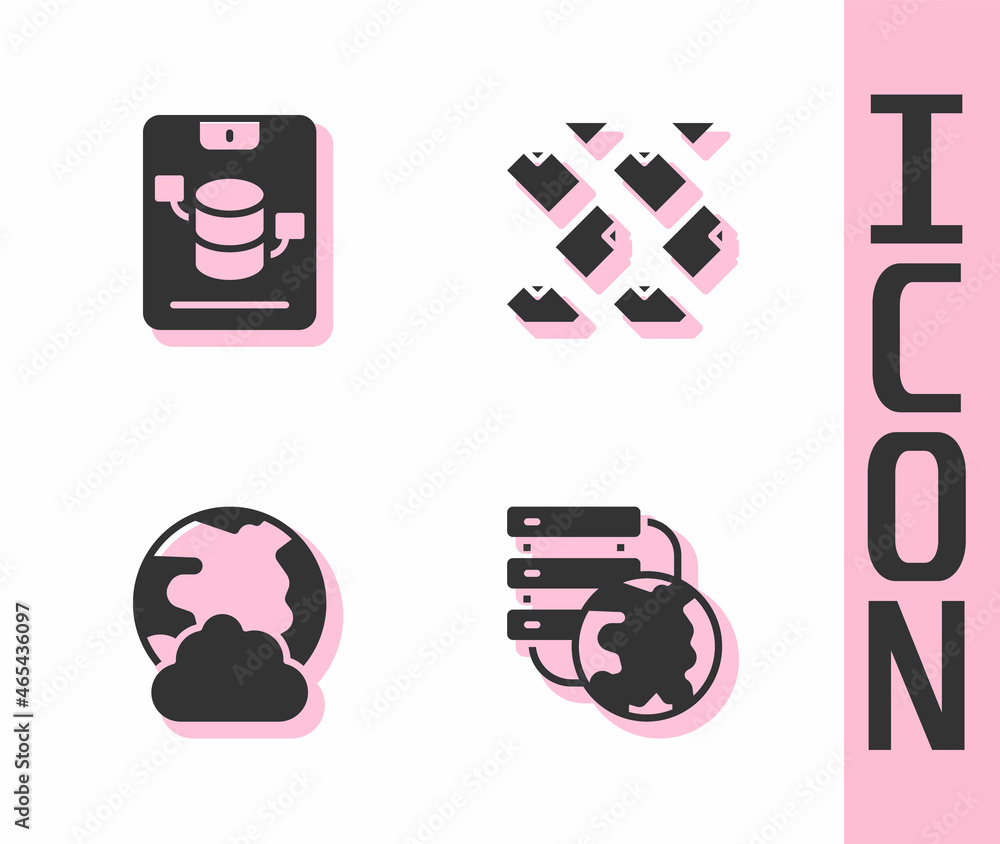 Poster set network cloud connection, server, data, web hosting, social network and stream icon. vector