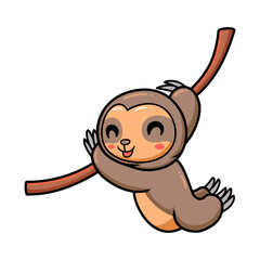 Cute baby sloth cartoon hanging on tree branch