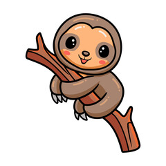Cute baby sloth cartoon hanging on tree branch
