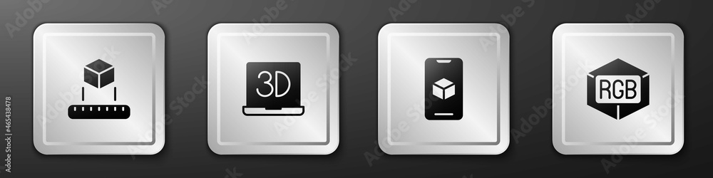 Poster set isometric cube, 3d printer, software and rgb and cmyk color mixing icon. silver square button. v