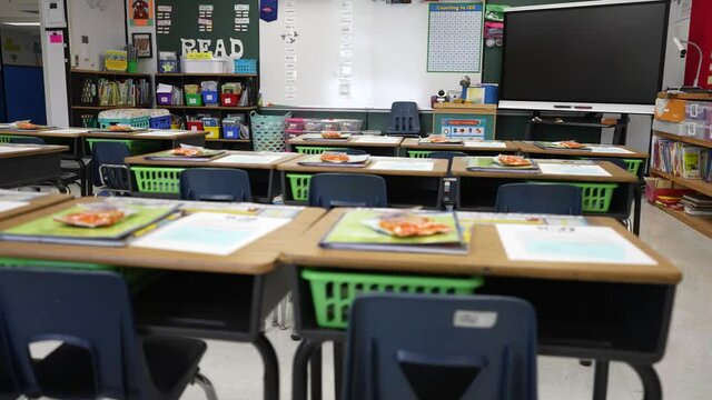 Wide angle view of moving camera showing empty school classroom in US.