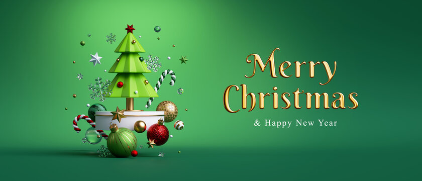 3d render, Merry Christmas greeting card with golden text and decorated fir tree toy, isolated on green background. Festive horizontal banner