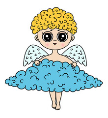 Cartoon cupid angel. Funny little angel icon. Valentine's Day character. Cartoon amur flying, cloud. Baby amur Valentines day heart hunter. Smilind cupid  boy holding cloud.
