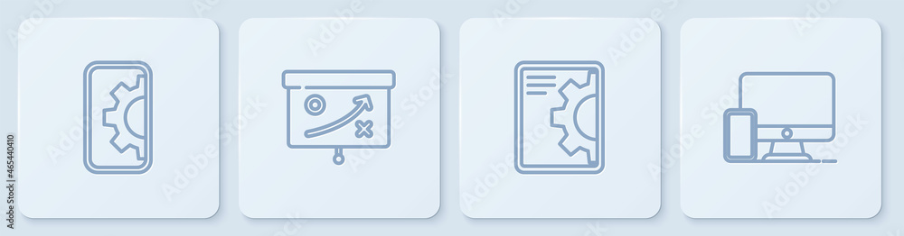 Poster set line web development, , planning strategy concept and monitor and mobile. white square button. v