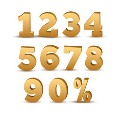 3d golden numbers set. Vector font 3d gold text logo luxury metal alphabet
