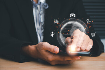 Business woman using smart phone with business global internet connection application technology and digital marketing, Financial, Digital link tech, big data.