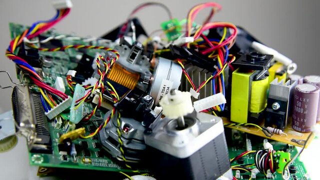 Close-up on of electronic waste. E-waste from Old computers and equipments