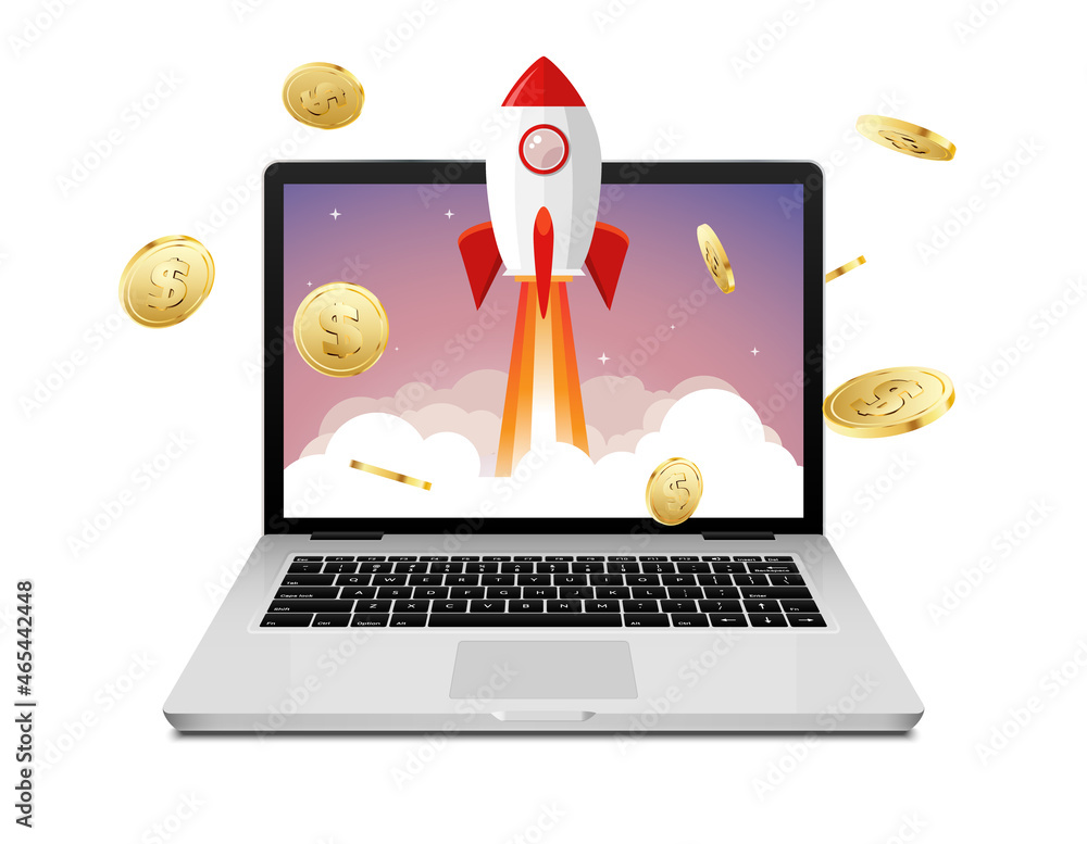 Aufkleber vector rocket launch website computer concept illustration. business start rocket launch