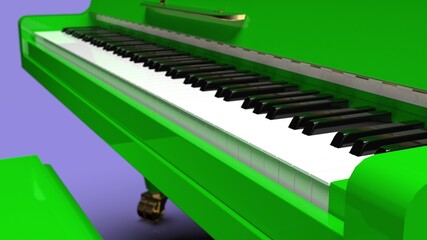 Green-Gold Grand Piano under purple background. 3D illustration. 3D CG. 3D high quality rendering.  