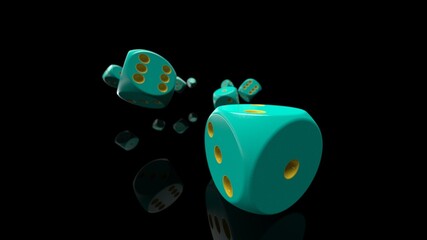 Rolling green-yellow dices under black-white flash background. 3D CG. 3D illustration. 3D high quality rendering.