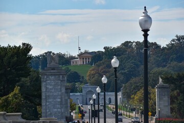 Arlington, Virginia, USA - October 25, 2021: Arlington House, the Robert E. Lee Memorial, on a Sunny Fall Afternoon, with the Women in Military Service Memorial and Memorial Drive in the Foreground