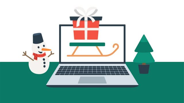 Santa Sleigh Delivery Gifts Online Animation. Christmas Shopping From Home Using A Delivery Service, Staying At Home, Social Distancing And Coronavirus Prevention Concept. 4k Alpha Channel Video.