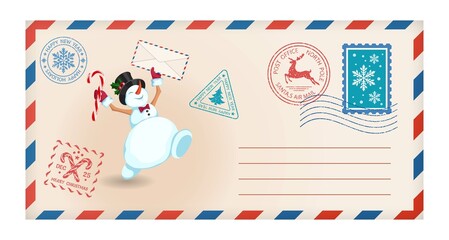 Merry Christmas envelope with cheerful snowman. Festive envelope with gifts, christmas postal stamps and postmarks. Vector illustration