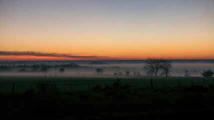 Amanecer en el campo con niebla sobre la superficie