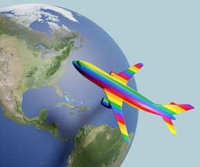 Gay travel around the world with rainbow airplane or aeroplane