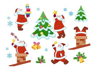 Santa Claus set. Santa Claus with gifts, with Christmas tree, goes down the chimney, rings the bell, stuck in the chimney. Set of design elements Merry Christmas and Happy New Year. Isolated. Vector