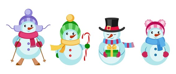 Set of cute snowmen. Cheerful snowmen with gifts, skiing. Design element for winter holidays. Merry Christmas and Happy New Year. Isolated. Vector illustration