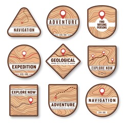 Topographic, navigation and expedition icons. New area, remote location exploring, travel adventure and geological research vector badge, icon with topographic map lines, navigation and route marks © Vector Tradition