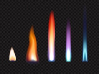Fire flames of gas and zinc, potassium, strontium and sodium, realistic vector. Burning fire flames of natural gas or chemical elements with light glow or energy blaze effect isolated on transparent - obrazy, fototapety, plakaty