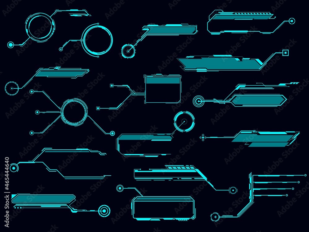 Aufkleber hud futuristic display and screen, info boxes, ui interface. vector neon glowing borders graphic des