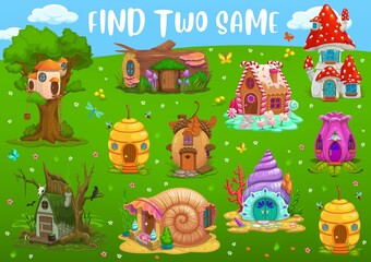 Find two same fantasy dwelling houses, kids maze game, vector tabletop. Kids puzzle board game to find similar cartoon hoes of dwarf or gnome elf in beehive, acorn and snail, seashell and mushroom
