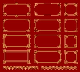 Asian knot frames and borders, Korean, Chinese and Japanese knot patterns, vector. Chinese golden knot frames, dividers and boarders on red background, asian oriental line pattern embellishment