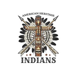 American indians tribal icon with totem pole, feather war bonnet and crossed arrows. Native americans tribe history museum retro vector emblem, icon or t-shirt print with indians culture symbols - obrazy, fototapety, plakaty