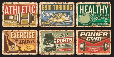 Fototapeta premium Fitness and gym rusty plates. Sport outfit and nutrition shop, fitness equipment store, bodybuilding club and healthy eating grunge vector tin signs. Barbell, exercise bike and sneakers, protein