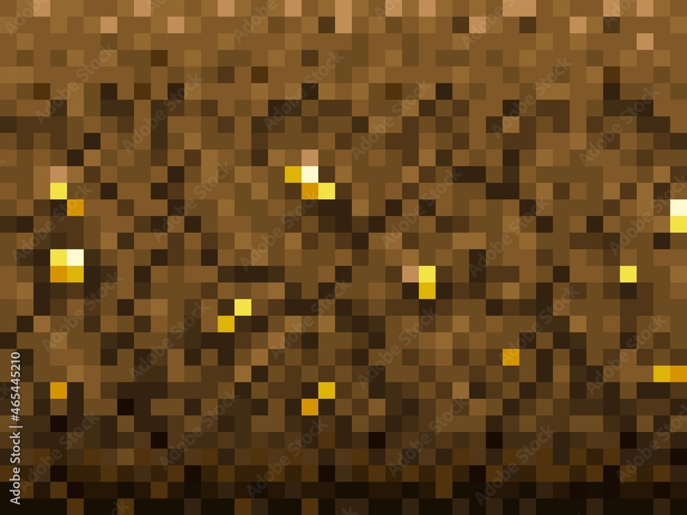 Poster golden nuggets and ore in ground blocks pattern, cubic pixel game vector background. gold mine craft