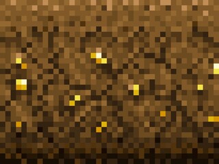 Golden nuggets and ore in ground blocks pattern, cubic pixel game vector background. Gold mine craft for computer game interface, 8bit pixel underground pattern with golden treasure in ground